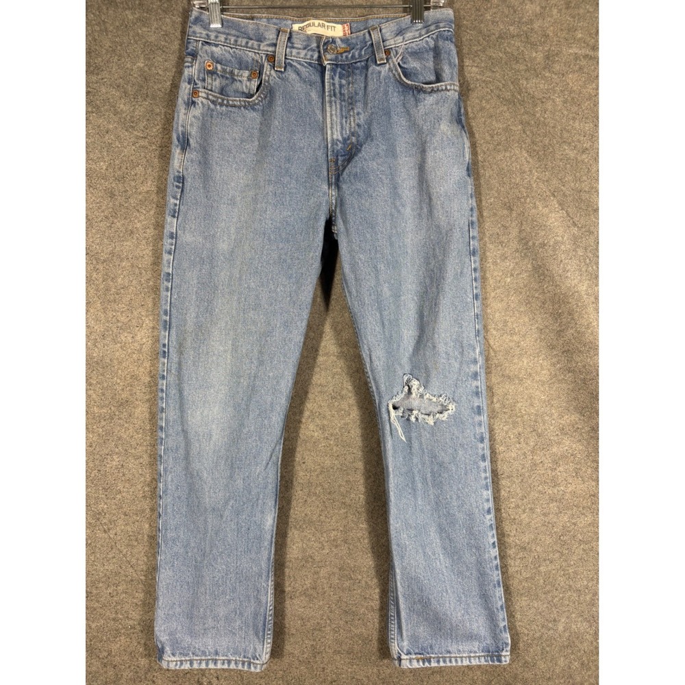 Levis 505 Regular Fit Mens Jeans 30x29 Light Wash Blue Distressed Denim 00505489